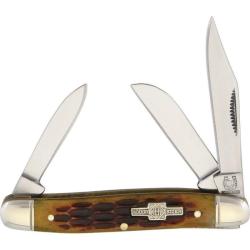 Couteau Rough Rider Small Stockman Lame Acier 440 Manche Os Ambre 3 Lames Slip Joint RR194