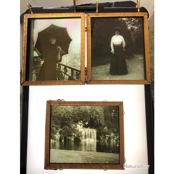 Lot de 3 plaques photographiques anciennes sur verre (positif)fin XIXe d�but XXe