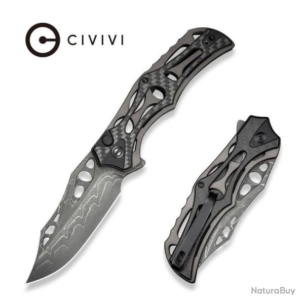 Couteau Civivi Biophase Lame Acier Damas Manche Aluminium Fibre Carbone G10 Button Lock C23083CDS1
