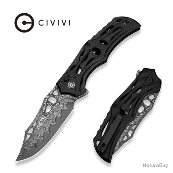 Couteau Civivi Biophase Lame Acier Damas Manche Aluminium Noir Button Lock CIVC23083DS1