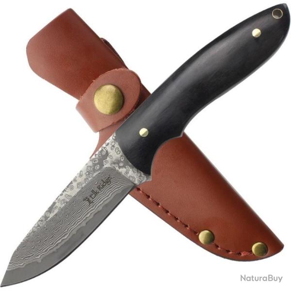Couteau Fixe Elk Ridge Drop Point Lame Damas Manche Bois Noir Etui Cuir ERFIX119DM