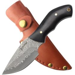 Couteau Fixe Elk Ridge Lame Damas Manche Bois Marron Etui Cuir ERFIX118DM