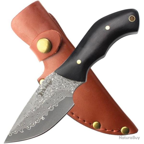 Couteau Fixe Elk Ridge Lame Damas Manche Bois Marron Etui Cuir ERFIX118DM