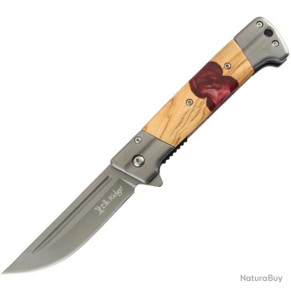 Couteau Pliant Elk Ridge Linerlock Ouverture Assistee Clip Point Manche Bois Inlay Rouge ERA2019RD