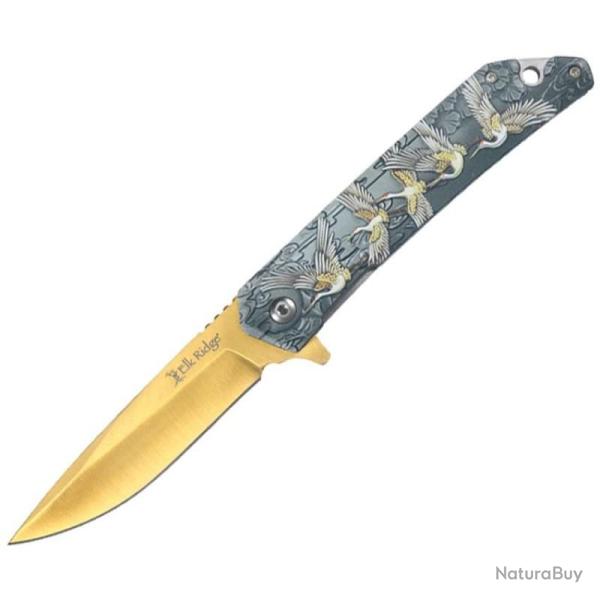 Couteau Elk Ridge Wildlife Linerlock Ouverture Assistee Manche Lame Acier Motif Cygne Or ERA2001SWG