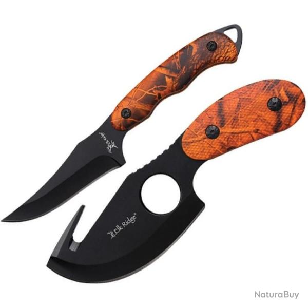 Set Chasse 2 Pieces Elk Ridge Caping Guthook Lame Acier 3Cr13MoV Manche ABS Camo Orange Etui ER300OC