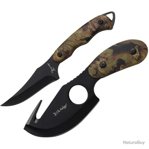 Set Chasse 2 Pieces Elk Ridge Caping Guthook Lame Acier 3Cr13MoV Manche ABS Camo Vert Etui ER300GC