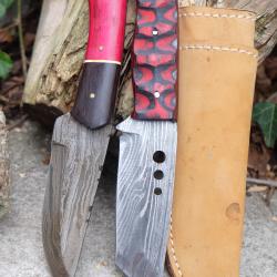Lot de 2 Couteau Skinner Lame Acier Damas 256 Couches Manche 2 Bois Etui Cuir Fabr Artisanale