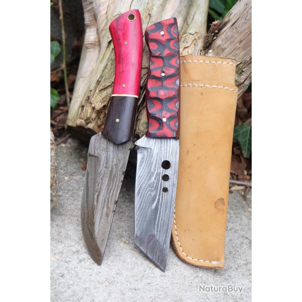 Lot de 2 Couteau Skinner Lame Acier Damas 256 Couches Manche 2 Bois Etui Cuir Fabr Artisanale
