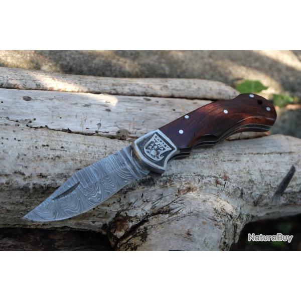 Couteau Lame Damas 128 Couches Style Buck 112 Manche Bois Rosewood Aigle Lockback Fabric Artisanale