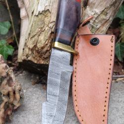 Puukko XL Couteau Damas Lame 256 Couches Harpoon Manche Bois Fabr Artisanat Etui Cuir