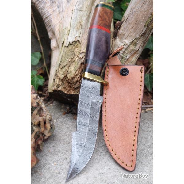 Puukko XL Couteau Damas Lame 256 Couches Harpoon Manche Bois Fabr Artisanat Etui Cuir