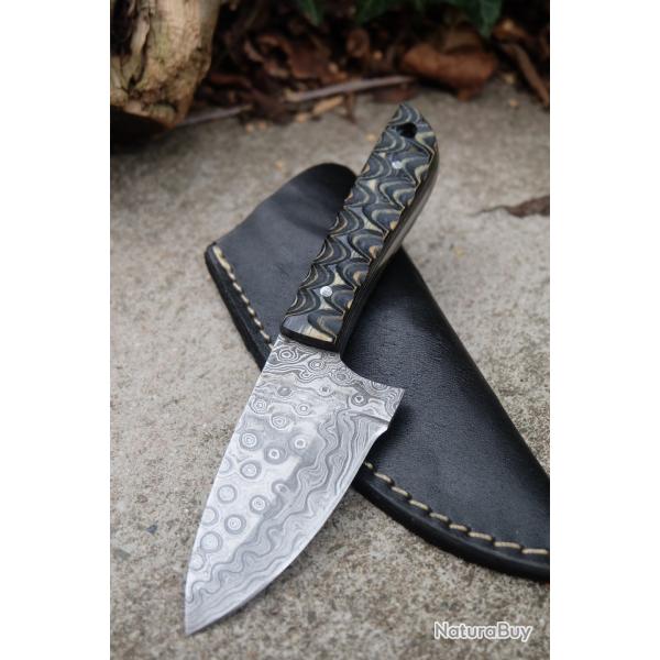 Skinner Couteau de Chasse Damas Lame 256 Couches Manche Bois 3D Fabr Artisanale Etui Cuir