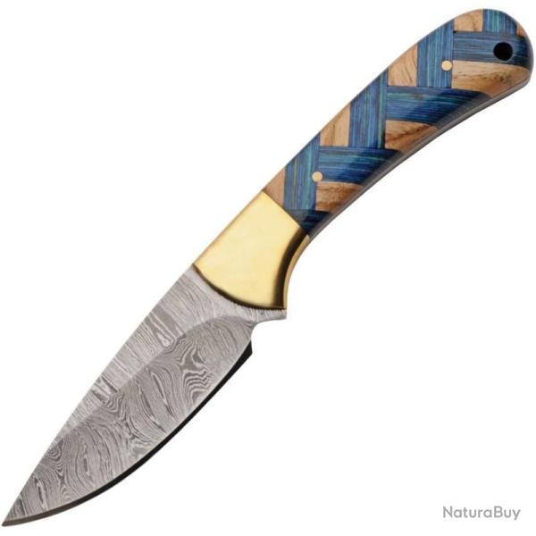 Couteau de D�pouille Damas Braided Sapphire Manche Bois Bleu et Marron Garde Laiton Etui Cuir DM1431
