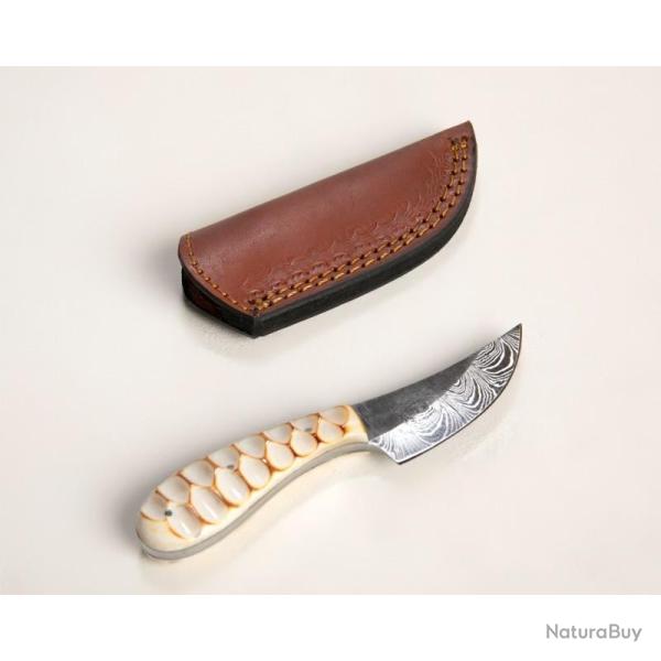 Couteau de D�pouille Damas Manche Os Br�l� Sculpt� Etui Cuir DM1429BO