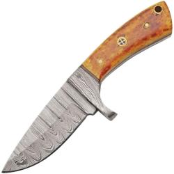 Couteau de Chasse Damas Manche Os Br&ucirc;l&eacute; Garde Damas Etui Cuir DM1424BO