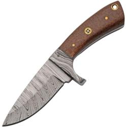 Couteau de Chasse Damas Manche Micarta Marron Toile de Jute Garde Damas Etui Cuir DM1424