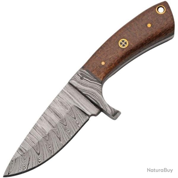 Couteau de Chasse Damas Manche Micarta Marron Toile de Jute Garde Damas Etui Cuir DM1424