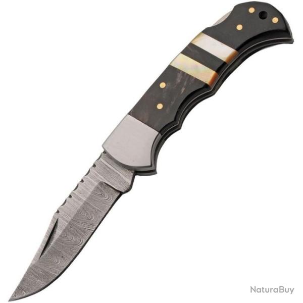 Couteau Pliant Damas Ebony Tide Manche Corne de Buffle et Nacre Mitres Acier DM1421