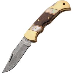 Couteau Pliant Damas Gentleman Manche Noyer et Nacre Mitres Laiton DM1420