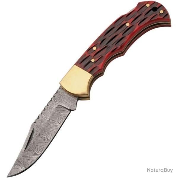 Couteau Pliant Damas Emberlock Manche Os Rouge Jigged Mitres Argent DM1419