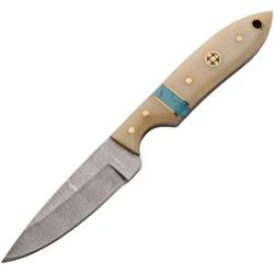 Couteau de Chasse Damas Sharp Tooth Manche Os Blanc Rondelle Turquoise Etui Cuir DM1415