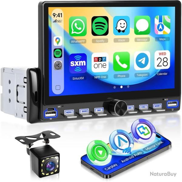 Ecran Carplay sans Fil Autoradio 1Din avec Android Auto, �cran Tactile 7 Pouces Poste Radio Voiture