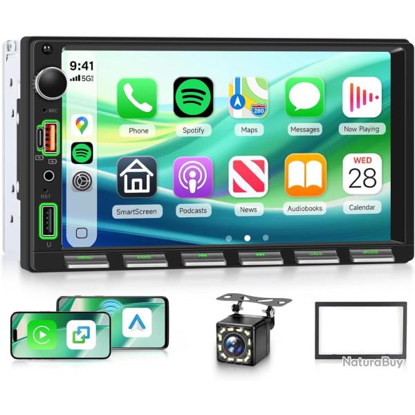 Ecran 2Din Autoradio avec Carplay sans Fil Android Auto, 7 Pouces Touches Piano 2 Din �cran Tactile