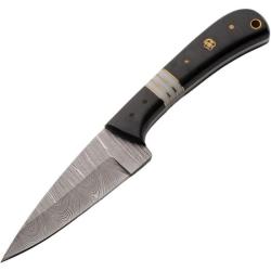 Couteau de Chasse Damas Dark Mosaic Manche Micarta Noir Rondelles Acrylique Etui Cuir DM1414