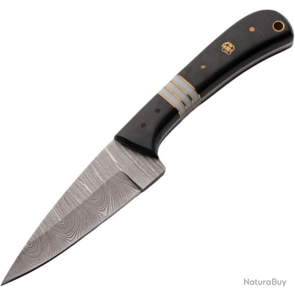 Couteau de Chasse Damas Dark Mosaic Manche Micarta Noir Rondelles Acrylique Etui Cuir DM1414