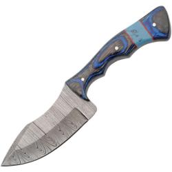 Couteau de Chasse Damas Blue Sky Manche Bois Noir et Bleu Rondelle Turquoise Etui Cuir DM1406