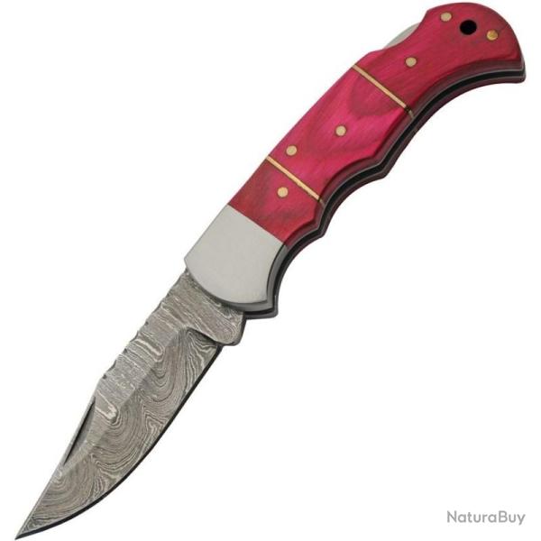 Couteau Pliant Damas Lame Acier Clip Point Manche Bois Rose Lockback DM1402PK