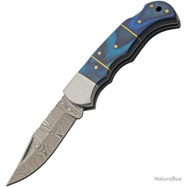 Couteau Pliant Damas Lame Acier Clip Point Manche Bois Noir et Bleu Lockback DM1402BL