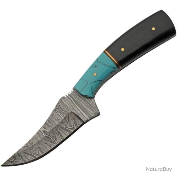 Couteau de Chasse Damas Trailing Point Lame Acier Manche R�sine Turquoise Corne Buffle DM1401