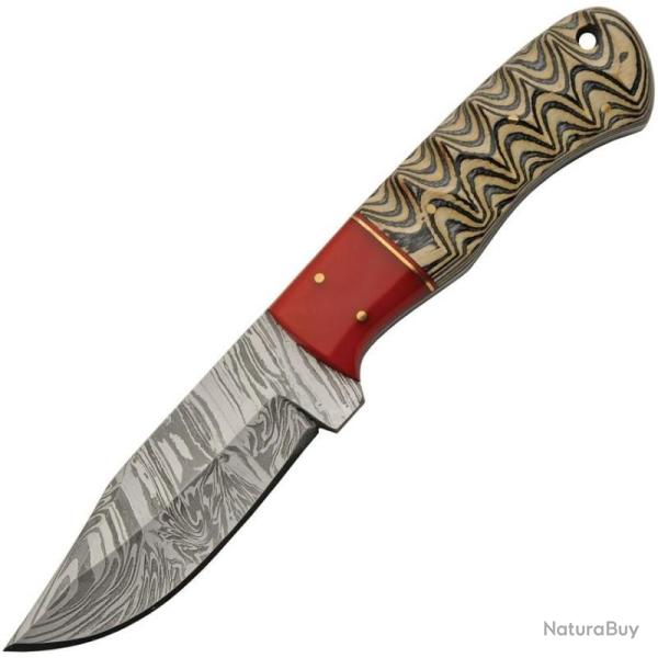 Couteau de Chasse Damas Red Haze Kiri Lame Acier Manche Pakkawood Marron Etui Cuir DM1382