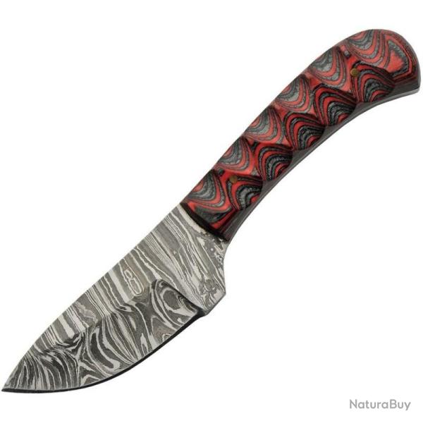 Couteau de D�pouille Damas Lame Acier Manche Bois Sculpt� Noir et Rouge Etui Cuir DM1377RD