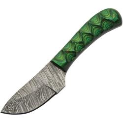 Couteau de D&eacute;pouille Damas Lame Acier Manche Bois Sculpt&eacute; Noir et Vert Etui Cuir DM1377GN