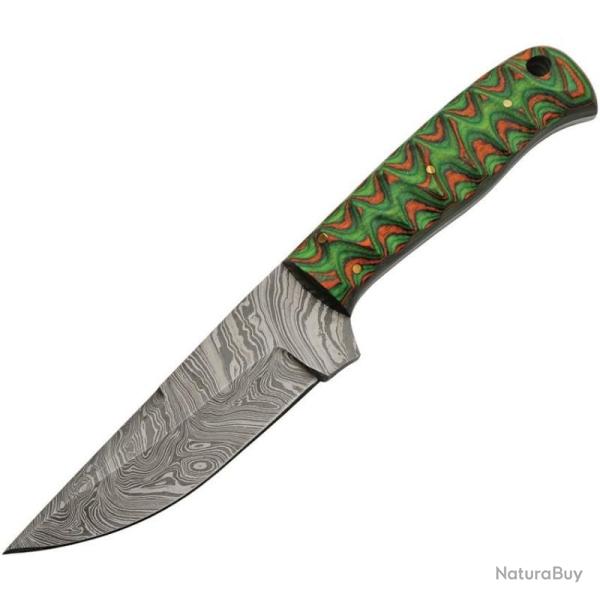 Couteau de Chasse Damas Lame Acier Manche Bois Sculpt� Vert et Orange Etui Cuir DM1376GN