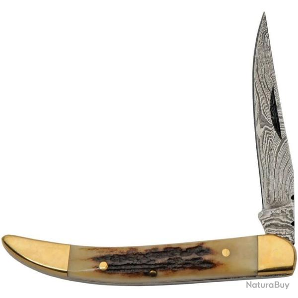 Couteau Pliant Damas Cure-Dent Lame Acier Manche Bois de Cerf DM1354