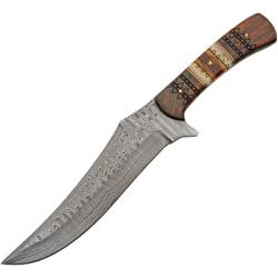 Couteau de Chasse Damas Lame Acier Manche Bois et Os Sculpt&eacute; Etui Cuir DM1350