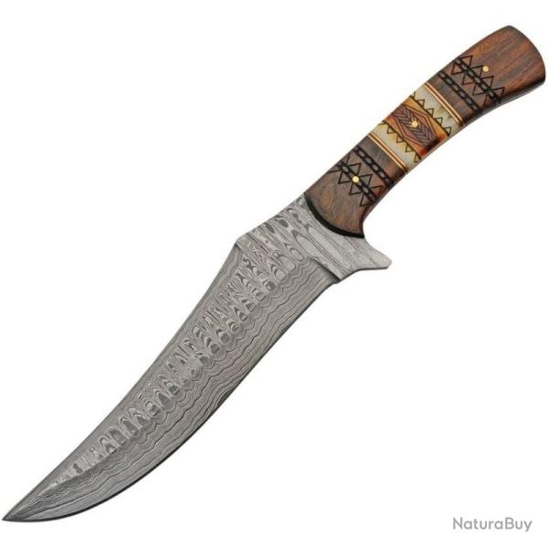 Couteau de Chasse Damas Lame Acier Manche Bois et Os Sculpt� Etui Cuir DM1350