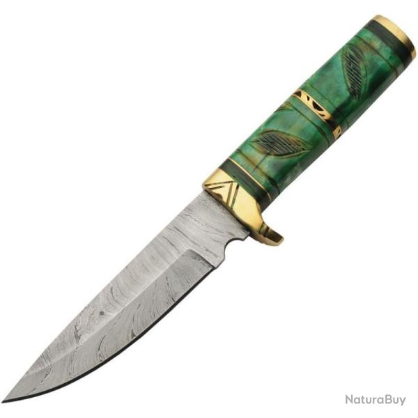 Couteau de Chasse Damas Lame Acier Manche Os Vert Garde et Pommeau Laiton Etui Cuir DM1345