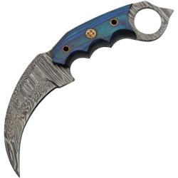 Couteau Karambit Damas Lame Acier Manche Pakkawood Bleu Etui Cuir DM1344BL