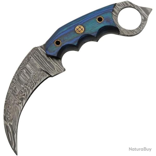 Couteau Karambit Damas Lame Acier Manche Pakkawood Bleu Etui Cuir DM1344BL