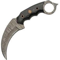 Couteau Karambit Damas Lame Acier Manche Pakkawood Noir Etui Cuir DM1344BK
