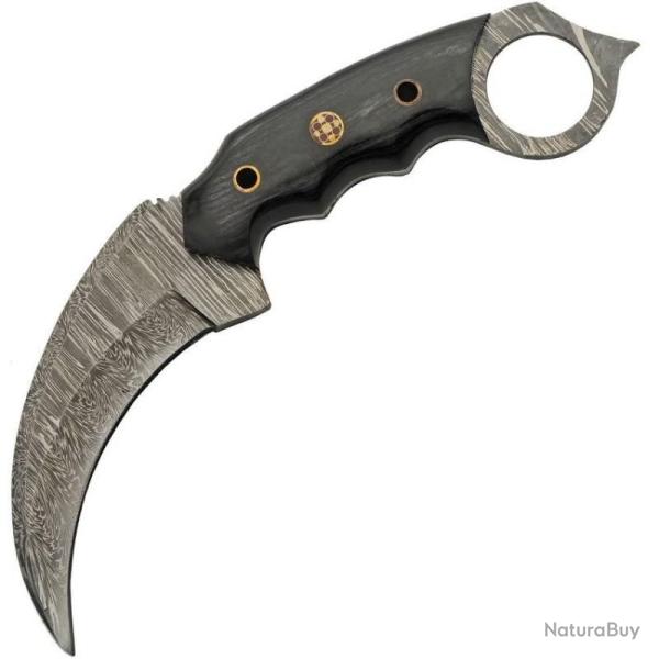 Couteau Karambit Damas Lame Acier Manche Pakkawood Noir Etui Cuir DM1344BK