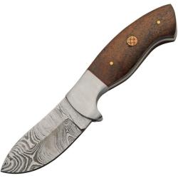Couteau de Chasse Damas Lame Acier Manche Bois Garde Inox Etui Cuir DM1336