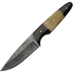 Couteau de Chasse Damas Lame Acier Manche Corne de Buffle et Os de Chameau Etui Cuir DM1293BO