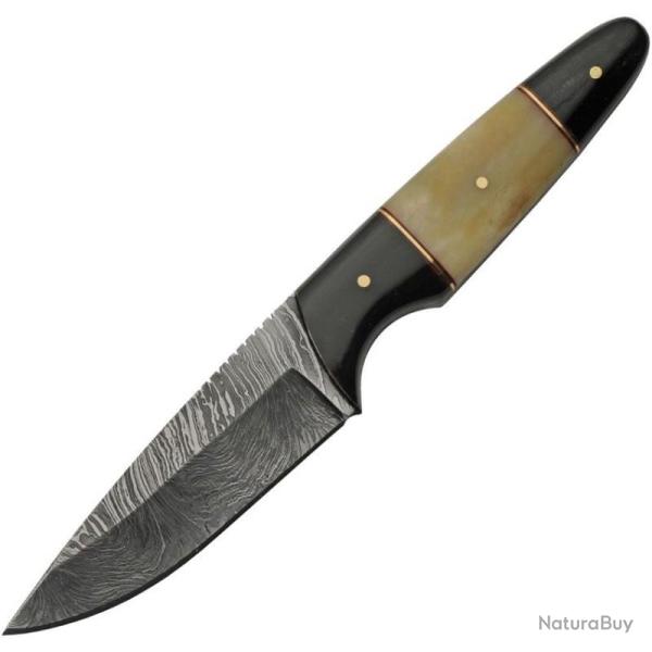 Couteau de Chasse Damas Lame Acier Manche Corne de Buffle et Os de Chameau Etui Cuir DM1293BO