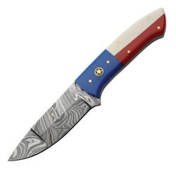 Couteau de Chasse Damas Lame Acier Manche R&eacute;sine Tricolore Etui Cuir DM1282